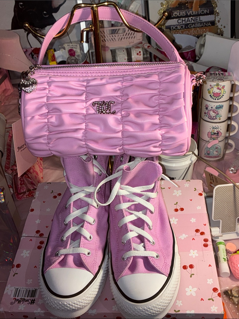 Juicy Couture Pink Quilted Mini Handbag with matching Converse